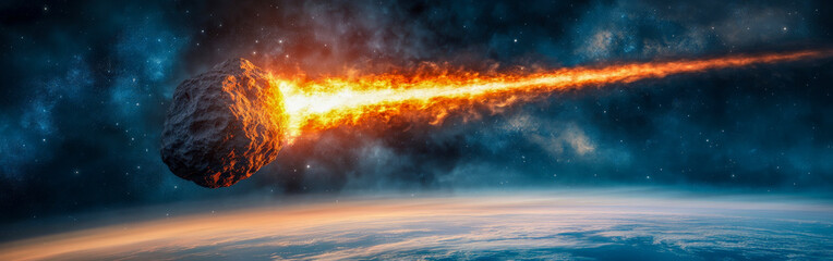 Naklejka premium Burning asteroid entering Earth's atmosphere with dramatic fire trail