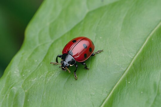 Red ladybug with black spots perched on a vibrant green leaf