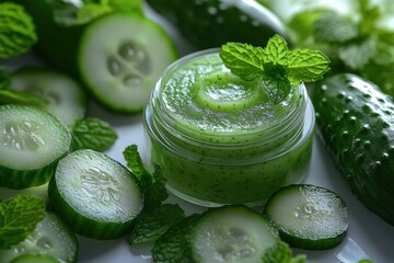 Cucumber and mint face scrub in a jar, surrounded by cucumber slices and fresh mint leaves