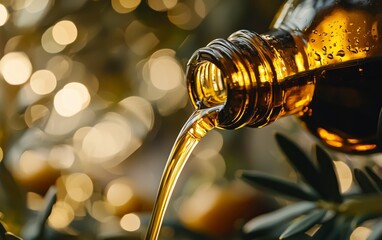 Olive oil pouring from bottle with blurred background, copy space