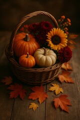 Rustic basket filled with pumpkins and autumn flowers on wooden table, capturing warm seasonal atmosphere in natural light Generative AI