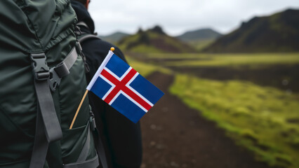 Icelandic flag on hiker backpack trekking through highlands. Travel adventure and patriotism in Iceland wilderness. Copy space for text.