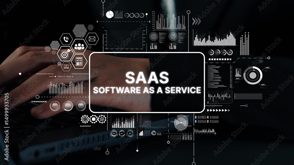 Poster innovative saas concept with hands on keyboard and data visualizations for software as a service sol