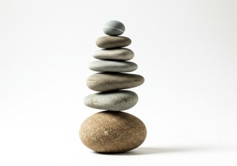 Stack of balanced stones on white background