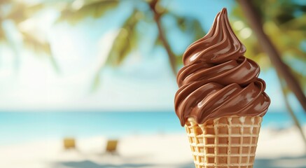 Chocolate ice cream cone melting on tropical beach with palm trees in background