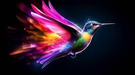 Obraz premium Colorful hummingbird flies with wings spread against a dark background showing streaks of light and radiant colors.
