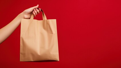 Hand holding paper bag, red background with copy space