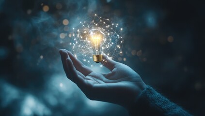 Hand holding glowing lightbulb with network