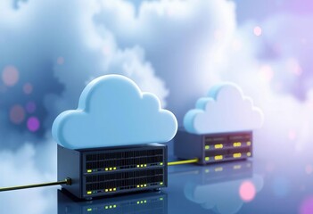 Two connected cloud servers symbolize collaborative cloud network and server services,  scalable,  data center