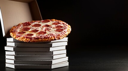 Pepperoni pizza in delivery box, black background and copy space