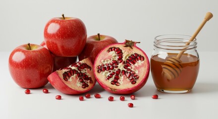 Fresh apples and pomegranate arrangement with honey jar for rosh hashanah celebration