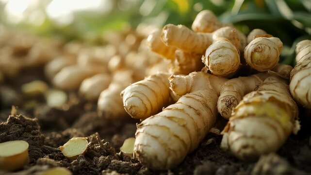 Freshly harvested ginger roots arranged on fertile soil in morning light