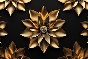 A repeating pattern of metallic gold, lotus-like flowers on a black background;  stylized,  smooth,  and seemingly three-dimensional