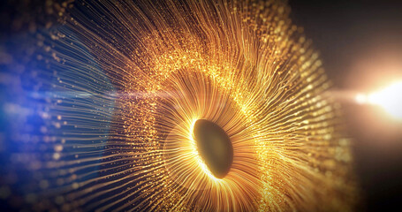 Abstract eye in space with golden light particles on blue background. I made this video with 3d program, using its 3d animation features. © MarianStock