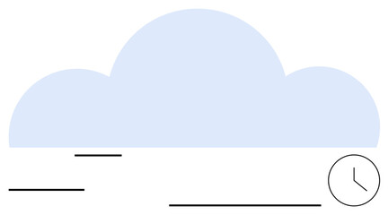 Large cloud shape with a minimalist clock in the corner, accompanied by abstract lines. Ideal for concepts thumbs up time management, cloud storage, digital organization, schedule, workflow, remote