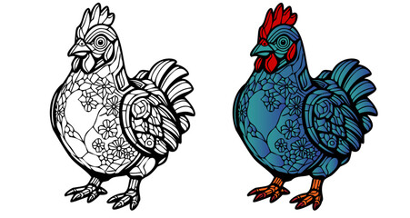 Two different colored chickens, one black and one blue. The black chicken is standing on the left side of the image, while the blue chicken is on the right side. The blue chicken has a more intricate