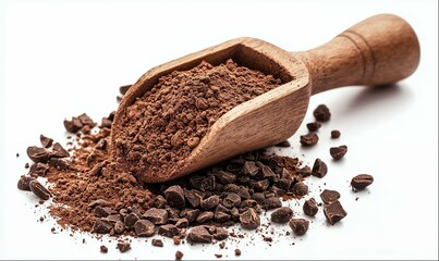 Chocolate powder in wooden scoop isolated on white background