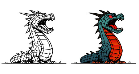 The two different colored dragons are shown with one being white and the other being blue. The white dragon has a menacing look with its mouth open and sharp teeth