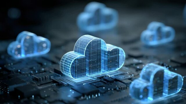 A glowing digital cloud symbol hovers above a circuit board, representing cloud computing technology and data storage.