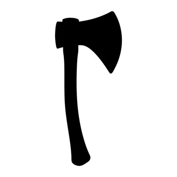 Black silhouette of an axe with a curved handle on white