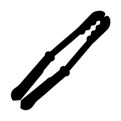 Simplified black silhouette illustration of serving tongs against a white background