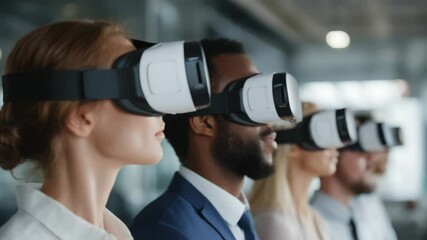A group of people wearing virtual reality headsets experiences immersive technology in a modern indoor setting. - Powered by Adobe