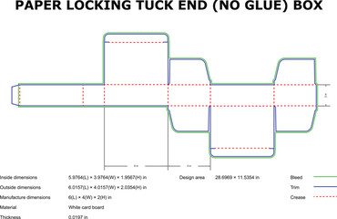 Paper locking tuck end no glue box template diagram