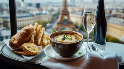 paris table croissants silverware glass wine