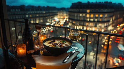 paris nighttime cityscape view table meal