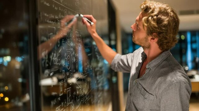 A focused man writes complex equations on a clear glass board in a modern, well-lit office at night.