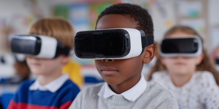 Children Using Virtual Reality Headsets in Modern Classroom for Interactive Learning
