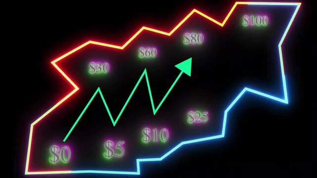 Glowing neon line of dollar sign icon and up arrow isolated on transparent background. arrow animation coloring chroma down light and black background.