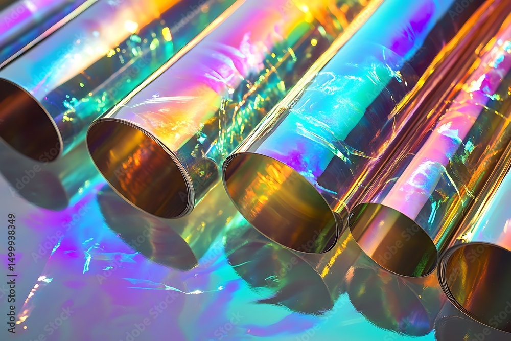 Aufkleber iridescent rolls closeup with holographic effect and vibrant color refraction, cylindrical shape