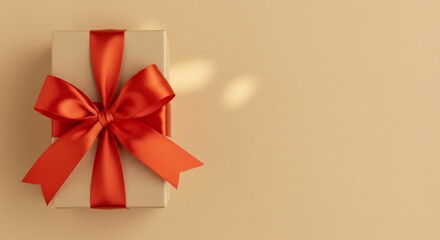 Elegant gift box with red ribbon on beige background, ideal for celebrations and special occasions