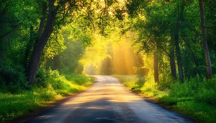 Fototapeta premium Asphalt road in the green forest with trees and rays of light