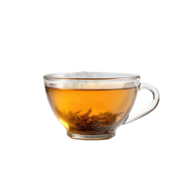 Glass teacup with visible steam rising placed on pure white background