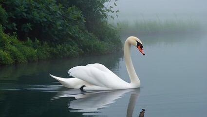Beautiful white swan swimming on calm lake with reflection in the water and misty background, This image was created using generative artificial intelligence.
