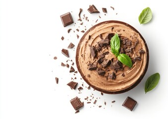 Top-down view of a dark chocolate dessert in a bowl, scattered with chocolate pieces and fresh basil leaves