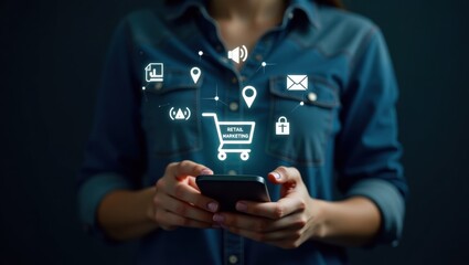 Woman holding a phone with retail marketing icons overlayed.