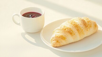 Delicious buttery croissant and a cup of berry tea. Perfect breakfast, morning, or brunch concept.