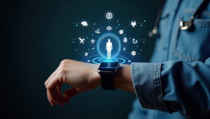 Smartwatch with holographic health data overlay.