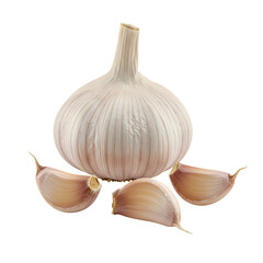 A whole garlic bulb and individual cloves open, isolated on white or transparent background. PNG