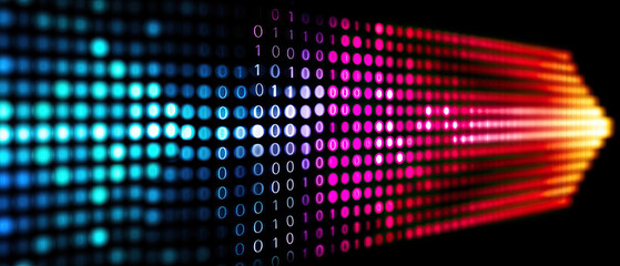 Digital arrow made of glowing binary code pixels blue, purple, and red colors, symbolizing fast technology progress