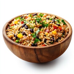 Wooden bowl filled with vibrant mixed rice and beans