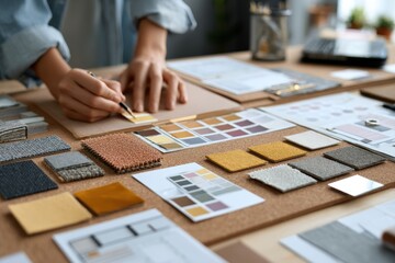 Creative workspace with hands arranging textures and color palettes