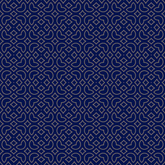 Luxury vector floral seamless pattern in arabesque style. Deep blue and gold texture with outline flowers, leaves, diamonds, curved lines. Abstract geometric background design. Golden repeated design