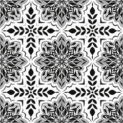 Vector black and white repeat pattern with onraments on a white background. Hand-drawn style.