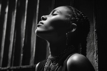 Black and white portrait of African woman with braids and chains in dramatic light