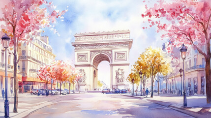 paris watercolor city street scene triomphe