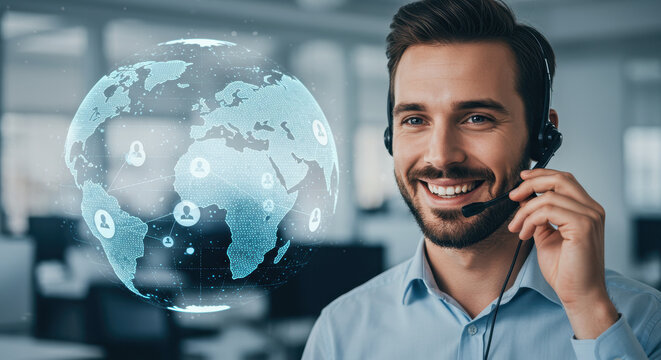Global Support: Friendly Tech Agent with Headset Connecting the World. Customer Service Solutions, Tech Support, Virtual Assistance - Powered by Adobe